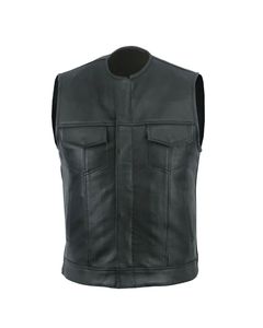 <b>Men</b>’s Club Style Black Leather Vest Collarless Motorcycle Biker Waistcoat with Sleek Minimal Design & Front Dual Closure - Product Image 1