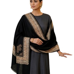 Women's Long Wool Shawl with Gold Embroidery Geometric Pattern Lightweight Durable Black and Beige Edge for Winter Daily Wear - Product Image 1