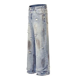 Custom Unisex Acid Wash Distressed Jeans Vintage Mud Dye Denim Cotton/Polyester Baggy Wide Leg Streetwear Cargo Denim Trousers - Product Image 3