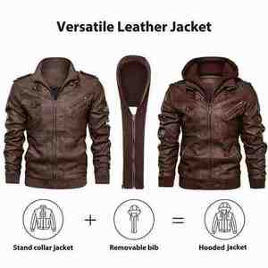 Factory Wholesale Fashion <b>Men</b> Racer Motorcycle PU Leather <b>Jackets</b> Plus Size Hooded Coat Brown Black <b>Warm</b> <b>Jacket</b> - Product Image 3