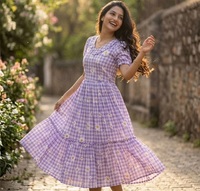 Robe longue en mousseline de coton à carreaux et imprimé floral, prix bas, tenue décontractée et habillée, entièrement cousue