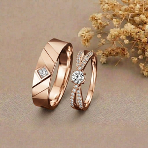 Ensemble de bagues de fiançailles en or rose 18 carats avec diamants, design géométrique, sertissage pavé, alliances classiques, bijoux unisexes - Product Image 4