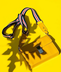 Yellow Full Grain Leather Crossbody <b>Mini</b> Bag With Striped Pattern Strap Preppy Style Clasp Closure All Seasons Women's Sling Bag - Product Image 3
