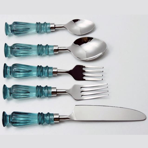 Modern Stainless Steel Flatware Set 5 Piece Cutlery With Blue <b>Acrylic</b> Textured Handles High <b>Mirror</b> Polish Dishwasher Safe - Product Image 3