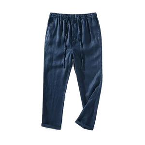 Pantalon Oxford en coton bleu foncé pour homme, taille élastique avec cordon de serrage, style décontracté, poids moyen, pour l'automne - Product Image 1