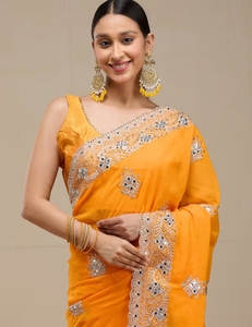 Sari KV Bright Festive Orange Pure Georgette Divyam con Blusa Sin Coser - Product Image 1