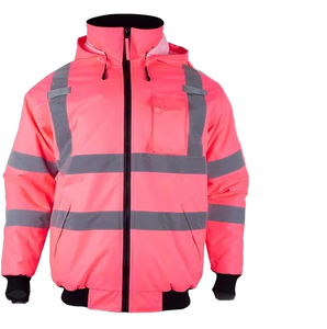 Hi Vis Yellow <b>Pink</b> Hooded Puffer <b>Jacket</b> With Reflective Stripes <b>Waterproof</b> Workwear Winter Men's Safety Coat - Product Image 1