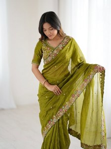 Sari de organza para mujer con bordado floral pesado y blusa, ideal para bodas indias y fiestas. Venta al por mayor. - Product Image 3