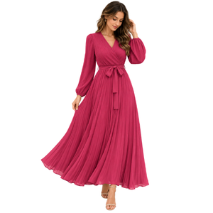 Vestido Largo para Mujer con Cuello en V y Cinturón Cruzado, Estilo Línea A, Plisado, Color Sólido, Vestido de Fiesta, Primavera/Verano, Transpirable - Product Image 1