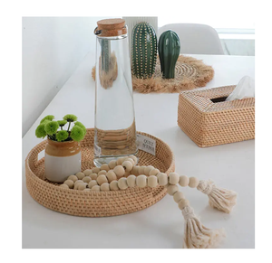 Buen Precio y la Mejor Calidad, Bandeja Redonda de Ratán Estilo Boho, Cesta Tejida para Decoración de Mesa en el Hogar y Hotel - Product Image 1