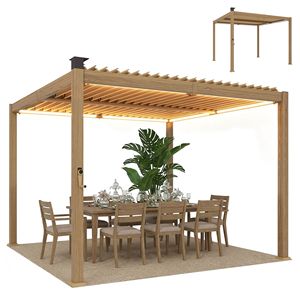 Pérgola Marrón con 10 x 10 Paneles de Celosía, Luces LED Solares, Techo Metálico y Canaletas de Drenaje, Gazebo para Patio Exterior y Refugio - Product Image 1