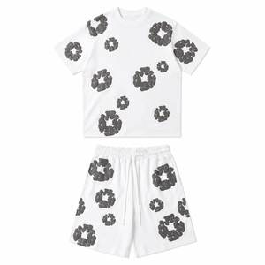 Conjunto de camiseta y pantalones cortos de algodón blanco para hombre con estampado circular negro, atuendo informal de verano, transpirable, de punto, de dos piezas - Product Image 6