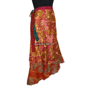 Falda Larga Envolvente de Seda Estilo Sari, Pareo, Prenda Femenina Vintage, Falda Larga Envolvente de Seda Sari, Reversible de 2 Capas - Product Image 3