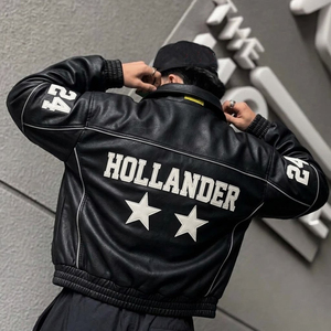Blouson Bomber en Cuir Noir pour Homme Hollander, Motif Lettres Brodé, Étoiles, Numéro 24, Style Universitaire, Vêtement d'Automne - Product Image 1
