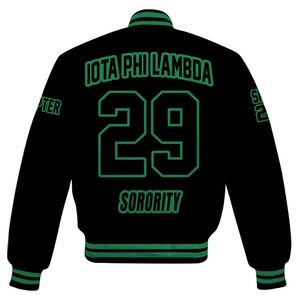 Chaqueta Universitaria Personalizada Iota Phi Lambda para Mujer, Negra, con Escudo de Letras Griegas, Número de Hermandad, Estilo Bomber - Product Image 6
