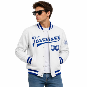 Chaqueta Varsity Blanca y Azul para Hombre, Personalizable con Nombre y Número, Estilo Preppy, Corte Regular, Cierre de Botones, Franjas en las Mangas - Product Image 6