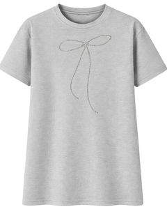 T-shirt en coton gris personnalisé pour femme avec nœud en strass minimaliste, manches courtes, col rond, haut décontracté tendance pour femme, personnalisable OEM - Product Image 1