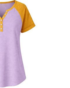 T-shirt pour femme en coton doux, coupe ample décontractée, manches courtes, col Henley, manches raglan, couleurs lavande et jaune moutarde, idéal pour l'été - Product Image 5