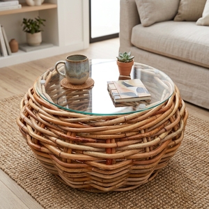 New Modern Minimalist Downes Round Coffee <b>Table</b> Natural Woven Rattan <b>Glass</b> Top Center Tea Accent <b>Table</b> Living Room Patio - Product Image 2