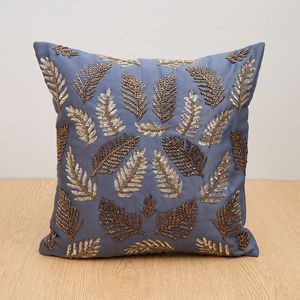 Handmade Sequin Beaded Leaf Cushion <b>Cover</b> Satin Silk Fabric Grey Blue Embroidered <b>Throw</b> Pillow Case For <b>Sofa</b> Bed Living Room - Product Image 1