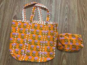 Traditional Indian Block Print Cotton Quilted Tote <b>Bag</b> with Coordinated Cosmetic Pouch for <b>Women</b>, College, <b>Beach</b> & Daily Carry - Product Image 5