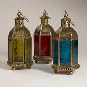 Antique Brass Moroccan <b>Lantern</b> Arch Cutout Frame Clear Glass Panel Hanging Candle Holder Tabletop <b>Hurricane</b> Lamp Light - Product Image 4