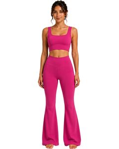 Manufacturer Customized Fuchsia Pink Womens Seamless Yoga Set <b>Flare</b> <b>Leggings</b> And Sports Bra Gym Workout Fitness Activewear - Product Image 1