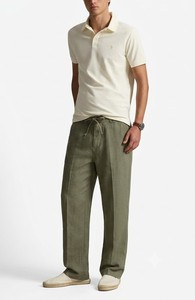Pantalon décontracté pour homme en coton léger, vert olive, avec cordon de serrage à la taille, style été, devant plat - Product Image 1