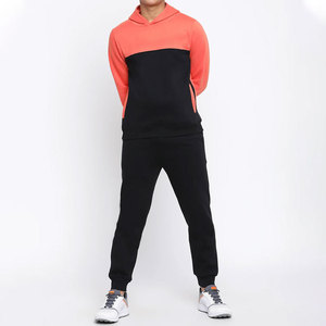 Survêtement à capuche color block pour homme, noir et orange, manches longues, décontracté, sportswear, coupe régulière, polyester, avec poches latérales - Product Image 1