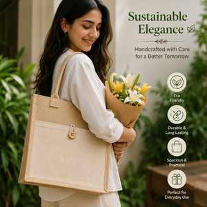 Jute Shopping <b>Bag</b> <b>Medium</b> <b>Size</b> Button Closure Hand Length Handle Tote for Exhibition & Wedding Daily Use - Product Image 4