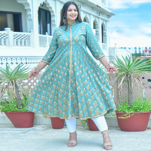 Kurta Anarkali en Viscose Rayonne Vert Floral Grande Taille pour Femme, Col Mandarin, Manches Trois Quarts, Coupe Décontractée – Vente en Gros - Product Image 4
