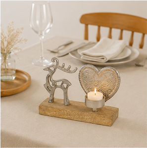 Silver Metal Reindeer And Heart Tealight Candle Holder Natural Wood Base Rustic Christmas Table Centerpiece Home Holiday Decor - Product Image 4