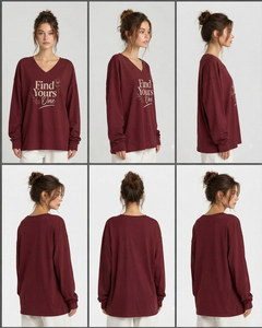 T-shirt surdimensionné à col en V et manches longues pour femme, grande taille, 100 % coton tricoté, avec logo frontal et épaules tombantes - Product Image 6