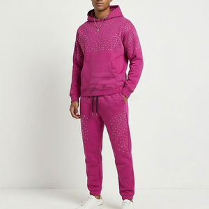 Ensemble de survêtement pour homme en coton épais de qualité supérieure avec strass, comprenant un sweat à capuche et un pantalon de jogging, design décoratif en strass, coupe confortable et décontractée - Product Image 1