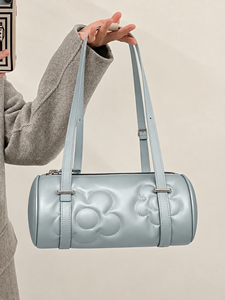 Silver PU Leather Vintage Fashion Barrel Purse with Embroidery Zipper Two-Strap Shoulder <b>Bag</b> for Women Outdoor Use - Product Image 1