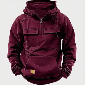 Veste à capuche rose XXL à demi fermeture éclair pour homme Sweat-shirt d'extérieur multi-poches confortable et élégant - Product Image 3