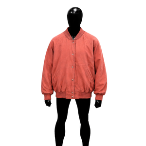 Chaqueta universitaria de lana rosa coral para hombre y mujer, chaqueta bomber extragrande personalizada con cierre de botones a presión, cuello y puños acanalados. - Product Image 1