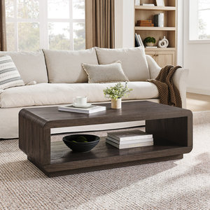 Modern Rectangular <b>Brown</b> Oak Coffee <b>Table</b> with Open Storage Shelf Wooden Living Room Center <b>Table</b> Contemporary Furniture - Product Image 4