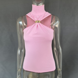 White Turtleneck Sleeveless Tank <b>Top</b> With <b>Metal</b> Ring Bow Detail Elegant Knitted Solid Women's <b>Tops</b> - Product Image 4