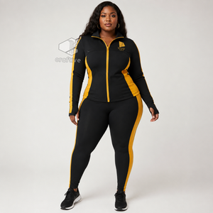 NCBW Women's <b>Black</b> Workout <b>Set</b> With Golden Contrast Side Panels Stand Collar Full Zip Jacket High Waist Leggings Activewear <b>Set</b> - Product Image 6