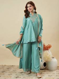 Traditional Indian Vichitra Silk Embroidery Work Party <b>Suit</b> Dupatta <b>Women</b> <b>Wedding</b> Wear All Seasons Casual Sun Protection Wrinkle - Product Image 3
