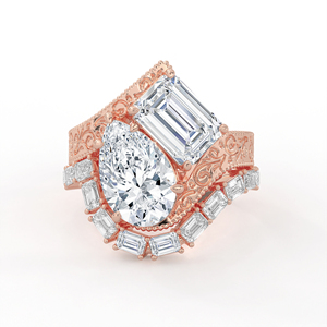แหวนแต่งงานทองคำขาว 14K 18K ประดับเพชรแล็บโกรว์ทรงหยดน้ำและทรงมรกต ดีไซน์วินเทจลายดอกไม้สลักลายโค้ง - Product Image 2