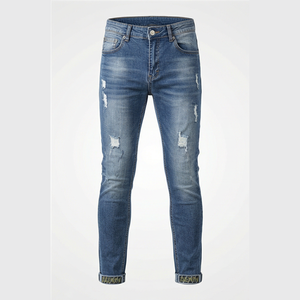 Jean en denim déchiré coupe slim pour homme, taille mi-haute, en coton, style décontracté automne, jambe droite, bleu délavé - Product Image 1