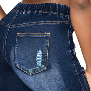 Womens Summer Casual Dark Blue Denim Pants <b>Elastic</b> Mid <b>Waist</b> Drawstring Ripped Distressed Washed Raw Hem Streetwear Fashion - Product Image 4