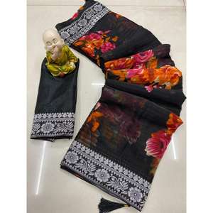 DISEÑADOR GEORGETTE PRINT WORK SAREE CON BLUSA SIN COSTAR NEGRO - Product Image 1