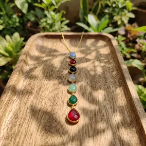 Elegant Vintage Gold Plated Pendant Necklace with Water Drop Natural Stones for Women Party Occasion Bezel Setting Brass Jewelry - Product Image 2