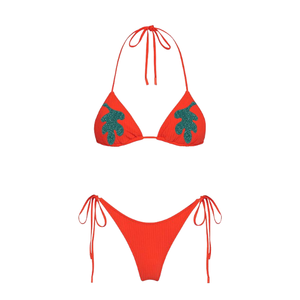 Ensemble bikini tricoté orange avec broderie palmier perlée et détails floraux perlés, haut dos nu et bas string - Product Image 1