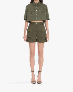 Women Waist Olive Green Cargo Denim Shorts With <b>Large</b> Pockets And Metal <b>Rings</b> Casual Summer Style - Product Image 3