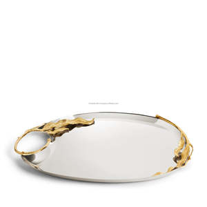 Gran demanda, lujosa bandeja de plata moderna para servir, chapada en oro de 24K, hoja tallada a mano, borde decorativo elegante de acero inoxidable - Product Image 2