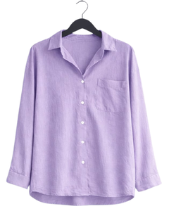 Conjunto de dos piezas de lino color lavanda para mujer, camisa de manga larga con botones y pantalones anchos de cintura elástica, atuendo informal. - Product Image 1